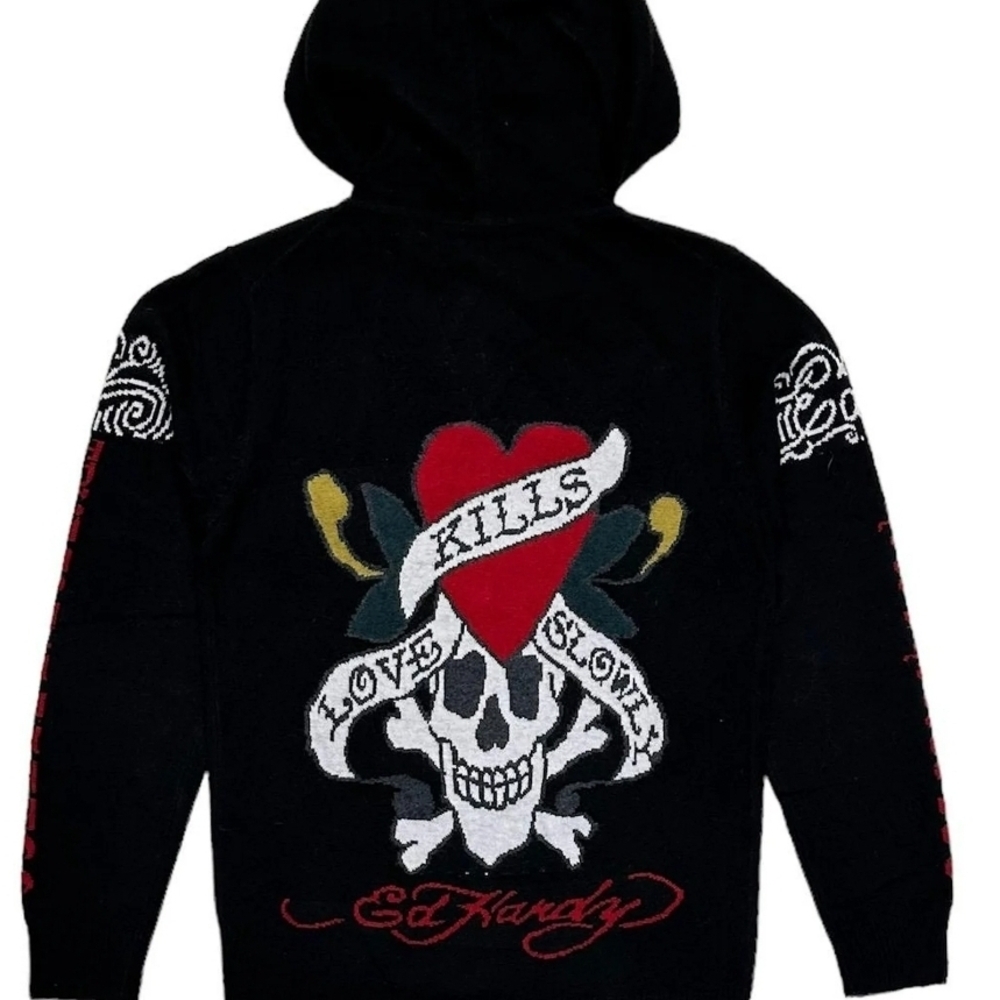 Ed Hardy Black Hoodie with Skull and Heart Motif